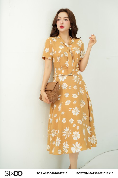 Sixdo Light Brown Floral Midi Silk Skirt (Chân váy)