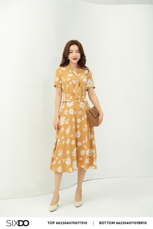 Light Brown Floral Midi Silk Skirt (Chân váy)
