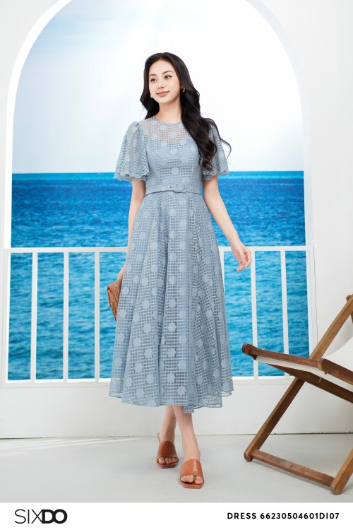 Blue-grey Floral Midi Lace Dress