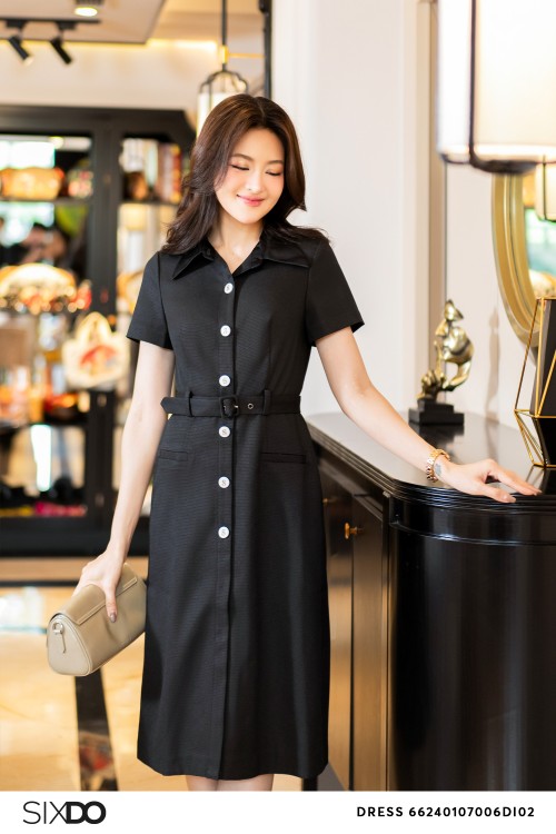 Sixdo Black Short Sleeves Woven Midi Dress