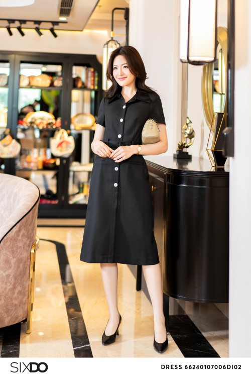Black Short Sleeves Woven Midi Dress