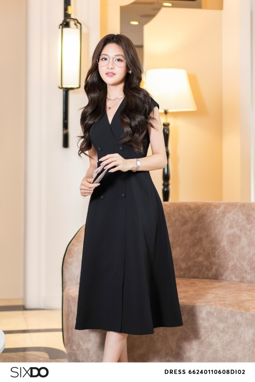 Sixdo Black V-neck Woven Midi Dress