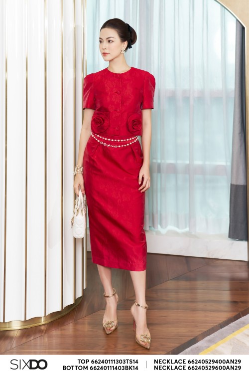 Red Straight Brocade Midi Skirt