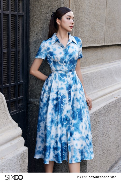 Sixdo Blue Pleated Silk Midi Dress