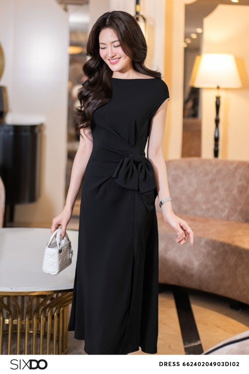 Sixdo Black Bow-tie Woven Midi Dress