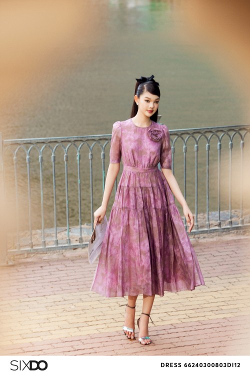 Purple Organza Midi Dress With Flower