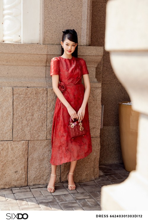 Red Organza Midi Dress With Flower