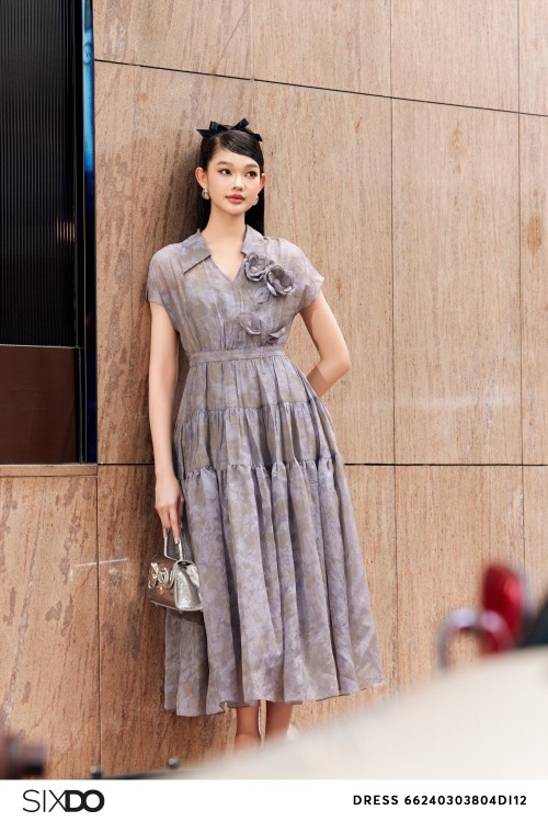 Gray 3D Flower Organza Midi Dress