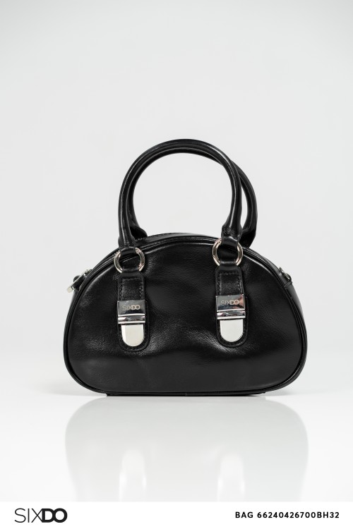 Black Round Leather Baguette Bag