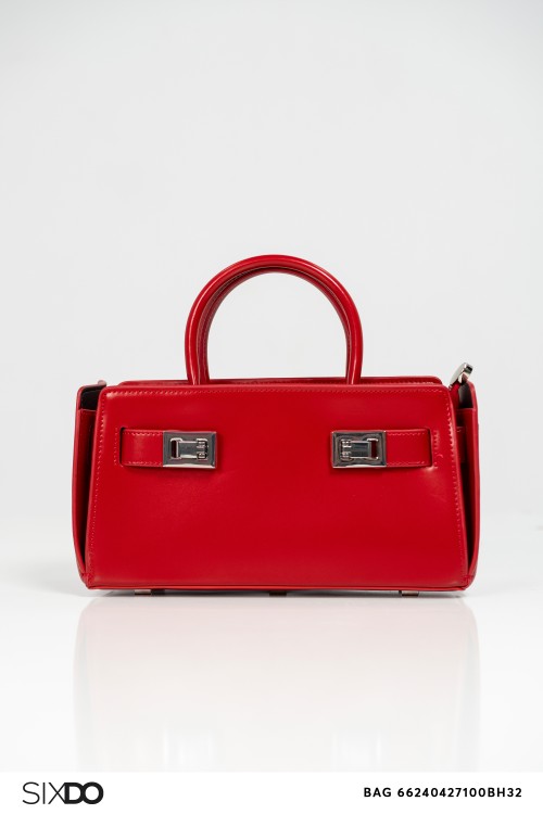 Red Rectangle Leather Hand Bag