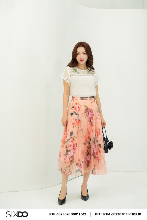 Orangish-pink Rose Pleated Midi Voile Skirt (Chân váy)