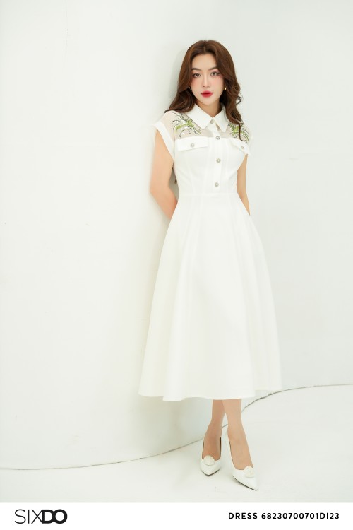 White Midi Raw Dress With Embroidered Flowers