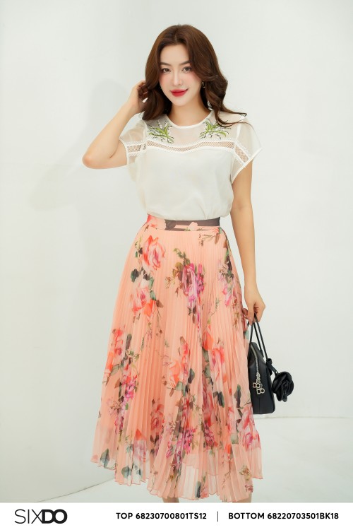 Sixdo Orangish-pink Rose Pleated Midi Voile Skirt (Chân váy)