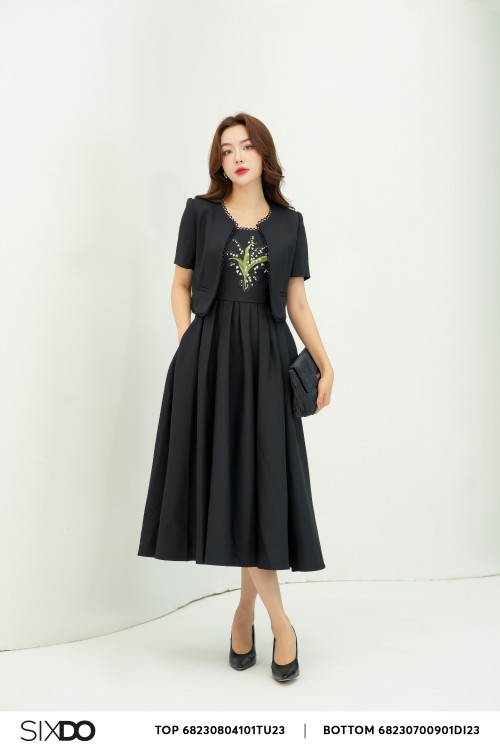 Black Midi Raw Dress With Embroidered Flower