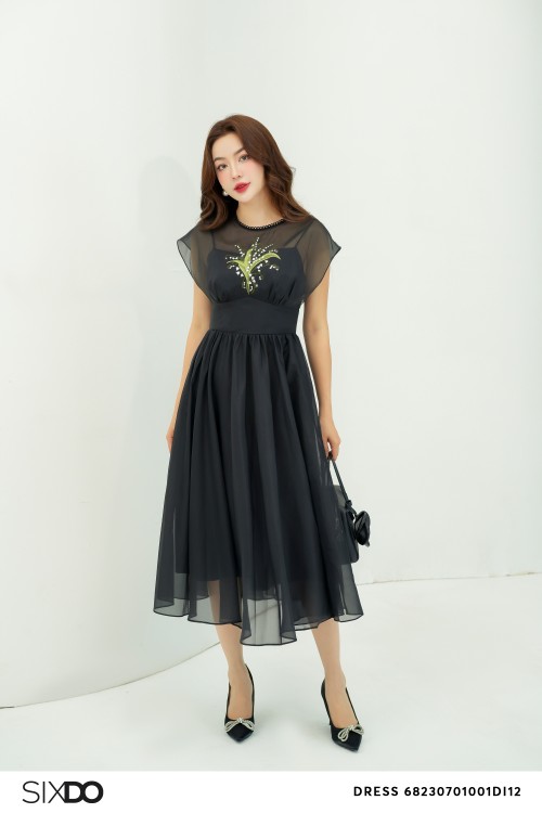 Black Midi Dress With Embroidered Flower