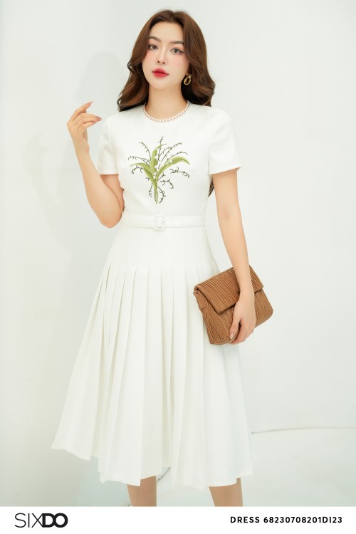 White Midi Raw Dress With Embroidered Flower