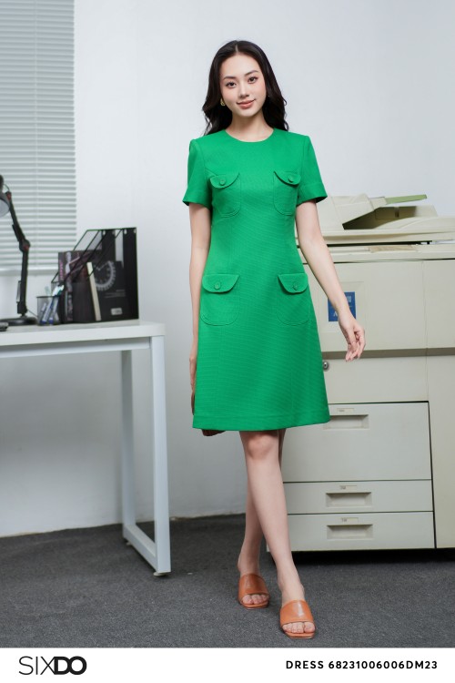 Green Short Sleeves Mini Raw Dress
