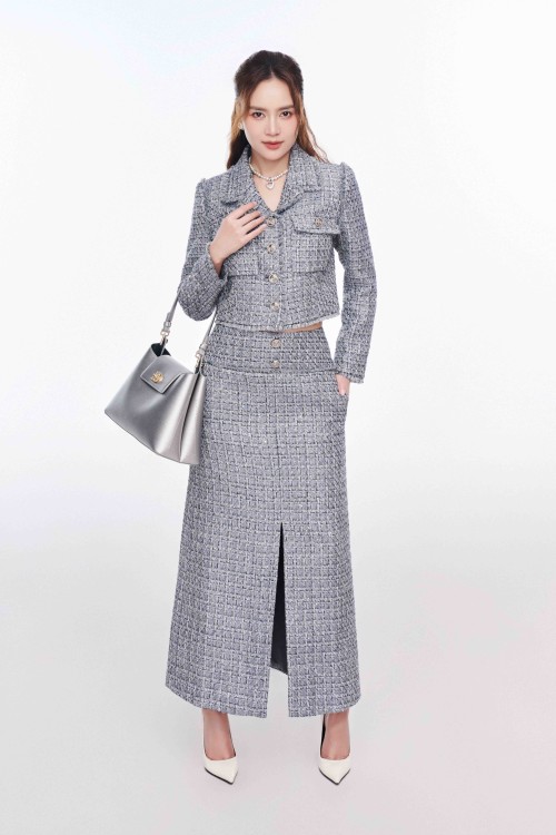 Dark Grey Tweed Flared Skirt