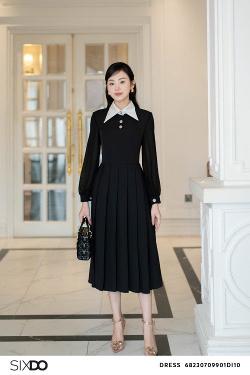 Black Pleated Midi Silk Dress 1