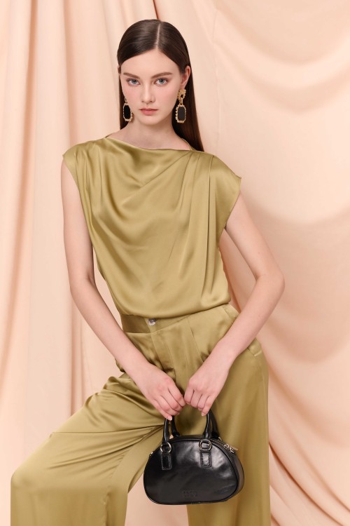 Sixdo Olive Wide Leg Silk Pants