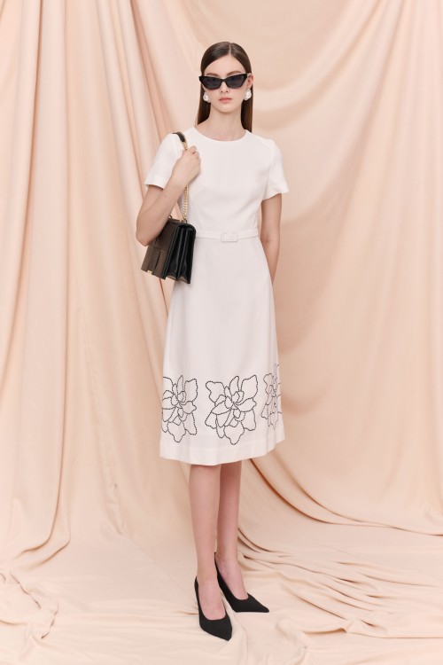 White Flower Embroidery Raw Midi Dress