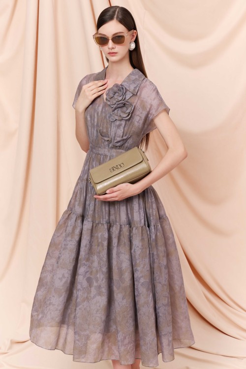 Sixdo Gray 3D Flower Organza Midi Dress