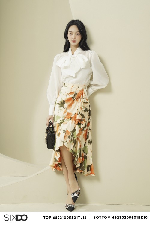 Orangish-beige Floral Midi Silk Skirt