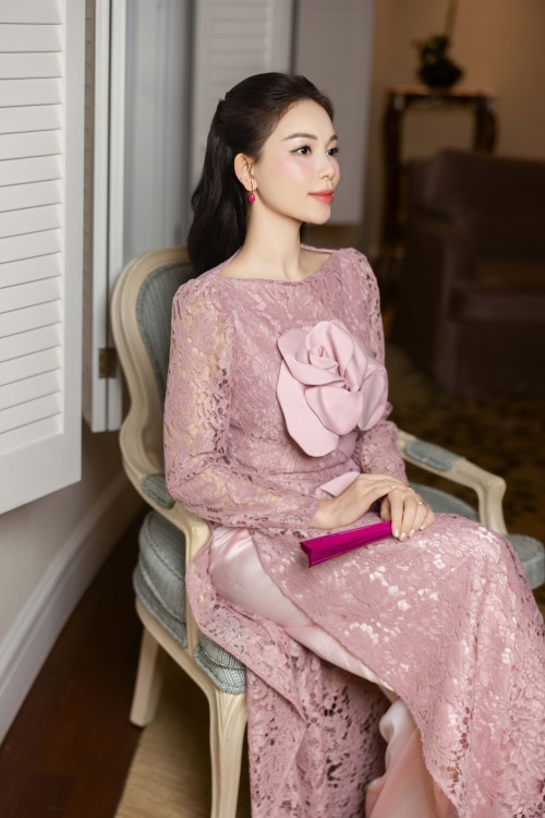 Sixdo Light Murrey 3D Flower Lace Ao Dai