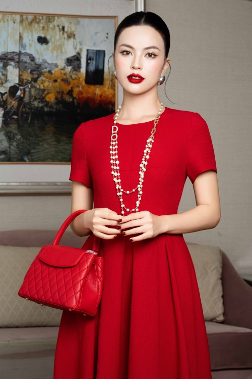 Sixdo Dark Red Woven Flared Dress