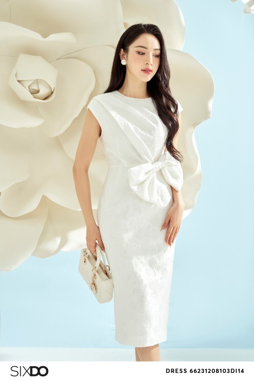 Sixdo White Bow-tie Brocade Midi Dress
