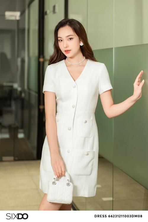 Sixdo White V-neck Tweed Mini Dress
