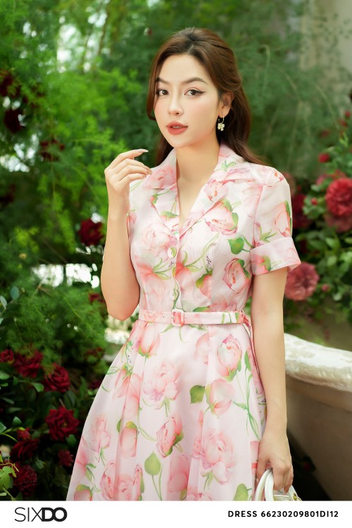 Sixdo Pink Floral Revere Collar Midi Dress