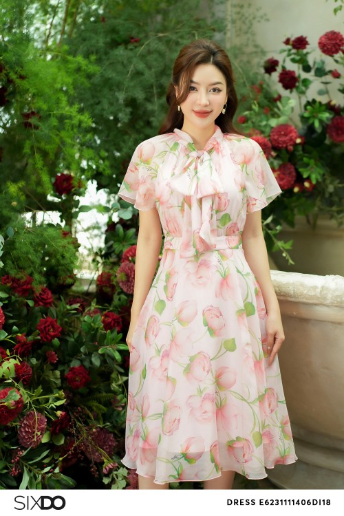 Sixdo Pink Floral Voile Midi Dress