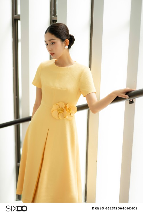 Sixdo Yellow 3D Flower Woven Midi Dress