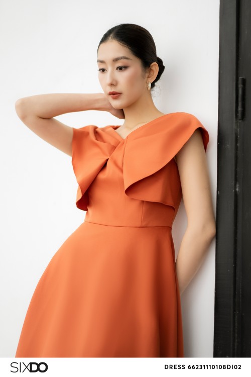 Sixdo Orange Woven Midi Dress