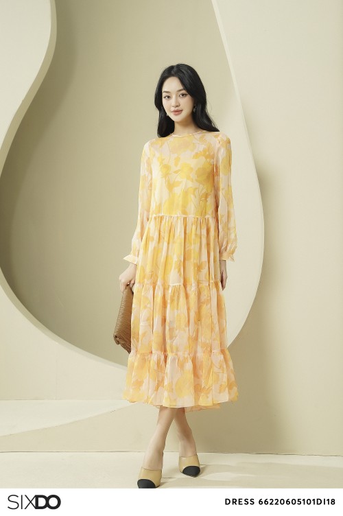 Sixdo Yellow Floral Ruffled Midi Voile Dress