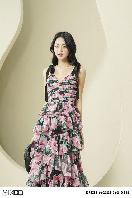 Sixdo Black Cherry Blossom Off-shoulder Maxi Voile Dress