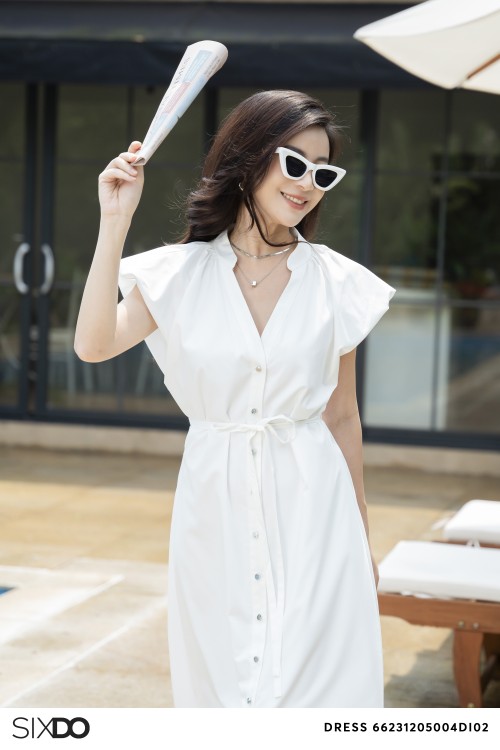 Sixdo White V-neck Woven Midi Dress