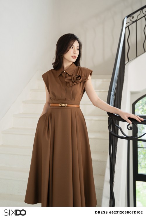 Sixdo Brown Pleated Woven Midi Dress With Flower
