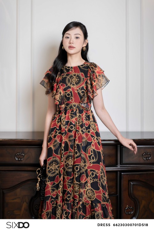 Sixdo Black Baroque Print Tiered Midi Voile Dress