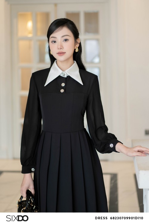 Sixdo Black Pleated Midi Silk Dress 1