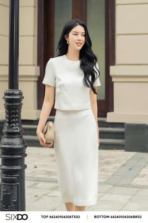 Sixdo White Straight Woven Midi Skirt