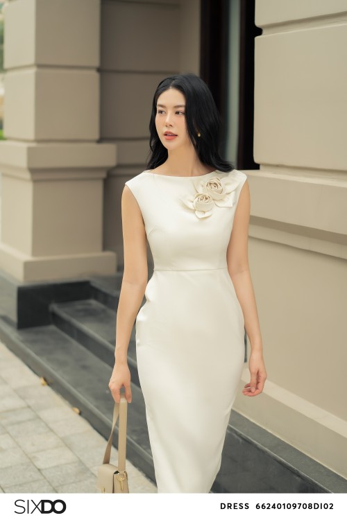 Sixdo Cream 3D Flower Woven Midi Dress