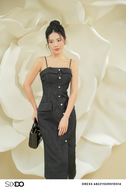 Sixdo Black Rose Strappy Midi Brocade Dress