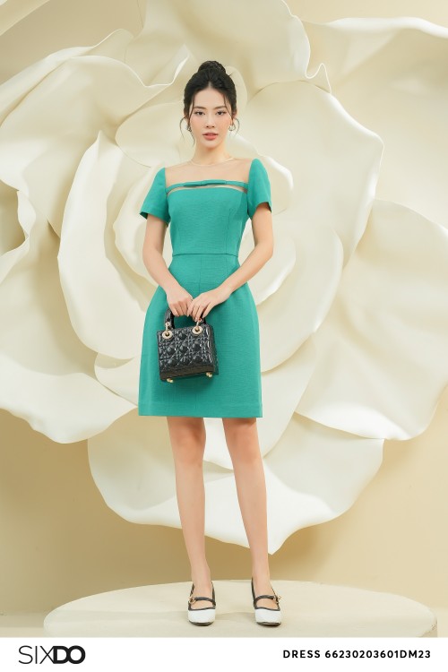 Sixdo Green Illusion Neckline Mini Raw Dress