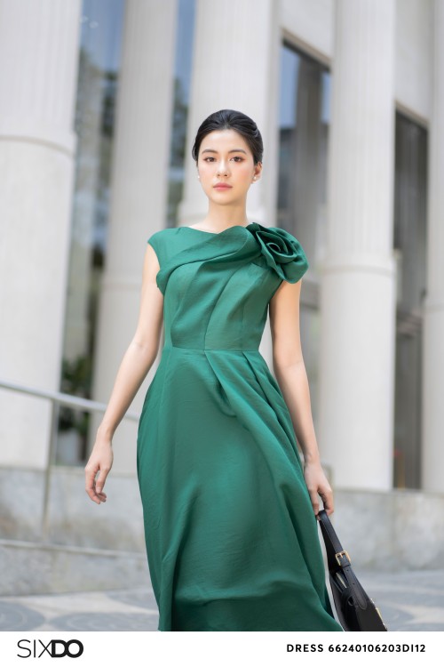 Sixdo Green 3D Flower Organza Midi Dress