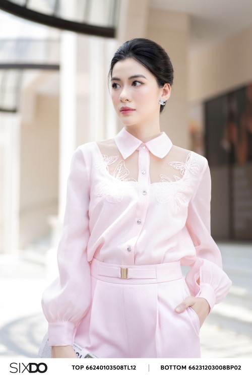 Sixdo Pink Butterfly Embroidery Organza Shirt