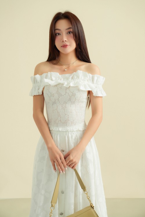 Sixdo G-White Floral Off-shoulder Organza Top