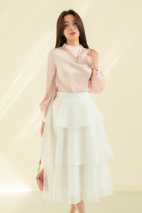 Sixdo White Layered Midi Skirt