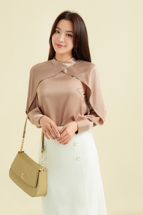 Sixdo Brown Long Sleeves Silk Top